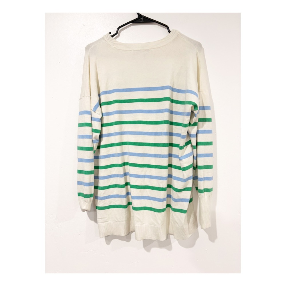 Loft Womens Large Striped Crewneck Sweater Blue Green White Long Sleeve Knit